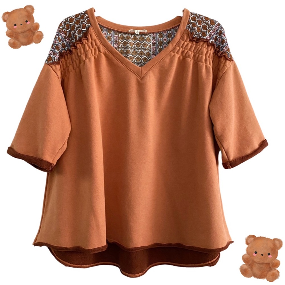 Easel lagenlook style heavyweight fabric peasant top, terra cotta